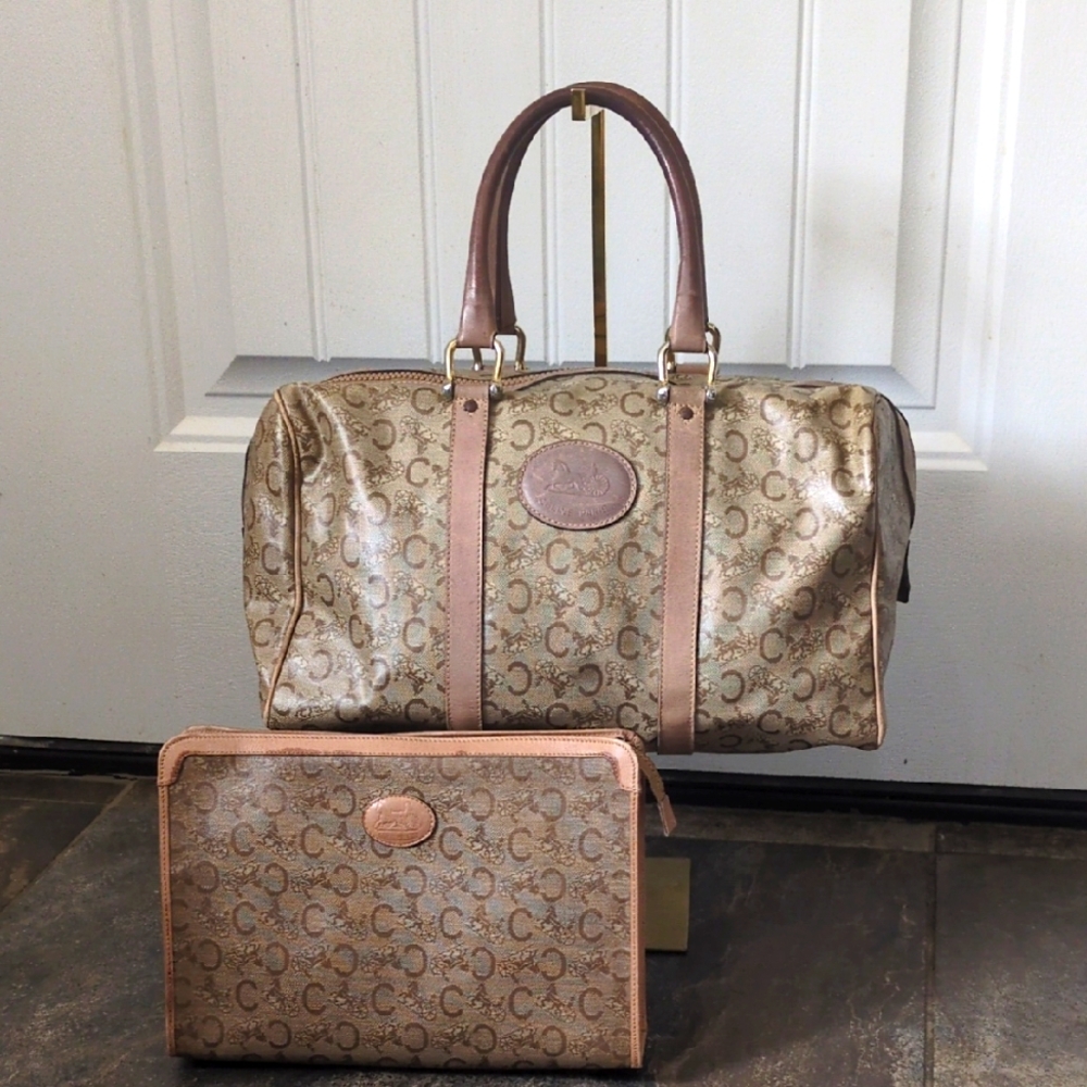 Celine GUC Light Brown Horse & Carriage Coated Canvas Boston Bag W/ Clutch Pouch
